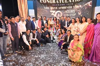 Guests celebrate Saurabh Jain's 30-hour non-stop speech world record